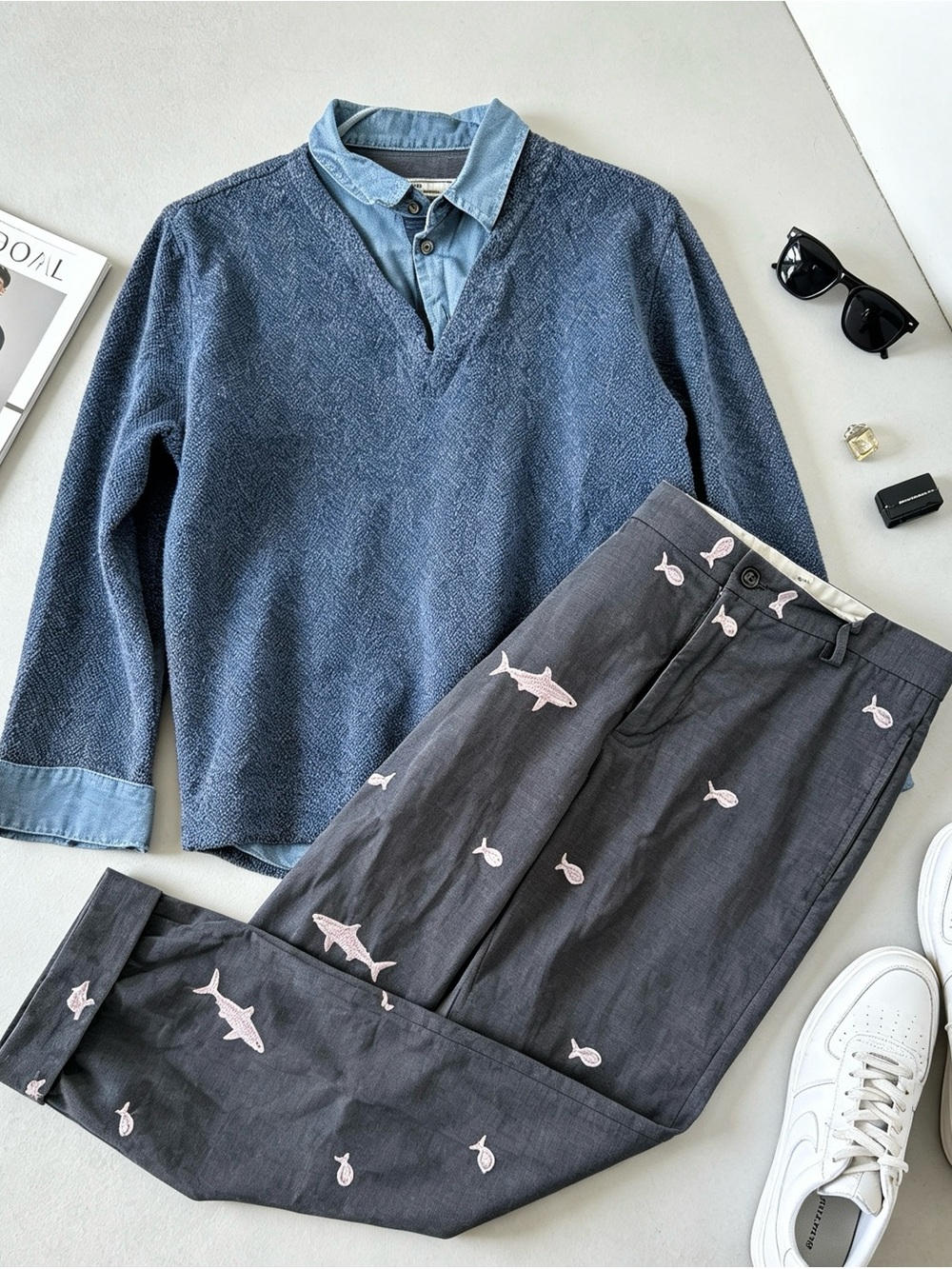 Unisex Dark Grey Shark Fish Embroidered Cuffed Straight Chino Pants